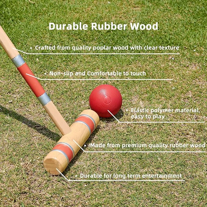 Pointyard Six Player Croquet Set, 28’’ Croquet Set with Wooden Mallets/Colored Ball/Wickets/Stakes