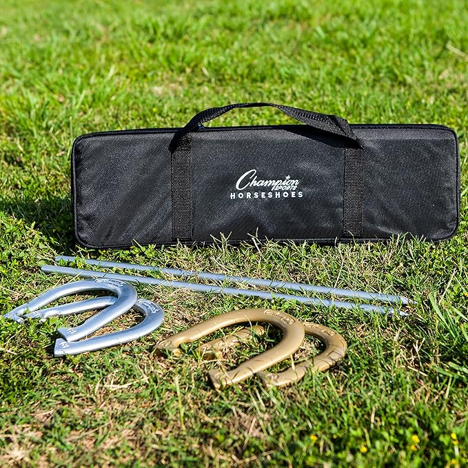 Champion Sports Horseshoe Set: Traditional Outdoor Lawn Game includes Four Professional Solid Steel