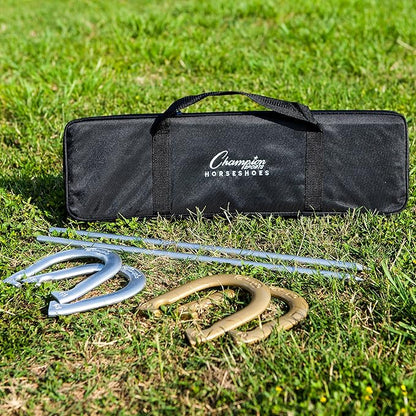 Champion Sports Horseshoe Set: Traditional Outdoor Lawn Game includes Four Professional Solid Steel