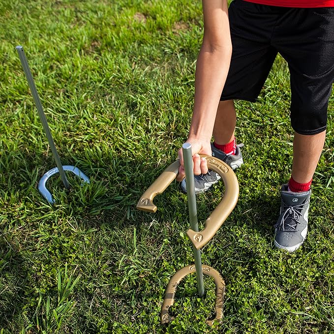 Champion Sports Horseshoe Set: Traditional Outdoor Lawn Game includes Four Professional Solid Steel