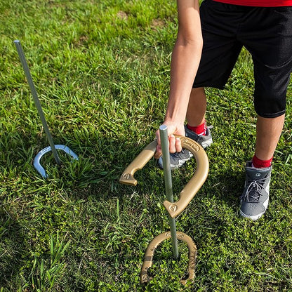 Champion Sports Horseshoe Set: Traditional Outdoor Lawn Game includes Four Professional Solid Steel