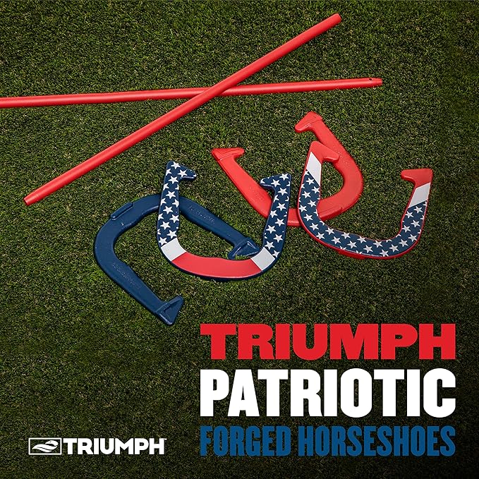Triumph Forged and Steel Horseshoe Set Complete with 4 Horseshoes, 2 Stakes - Patriotic or Blue and