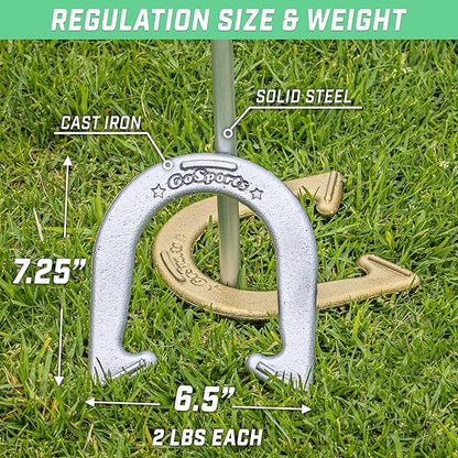 GoSports Steel Horseshoes Outdoor Game Set - Gold & Silver or Red & Blue - Official Size and Weight