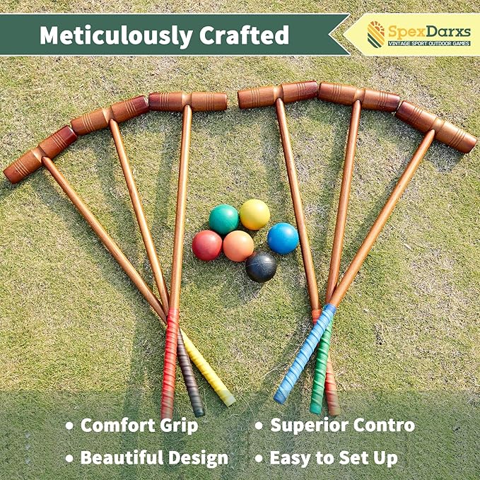 35’’ Deluxe Croquet Set, Six Player Croquette Game with Premium Wooden Mallets, Colored Balls