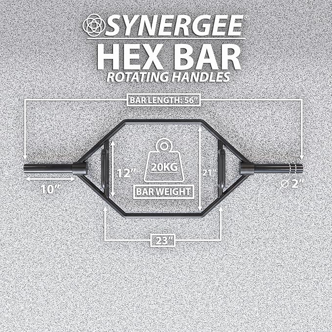 Synergee 20kg and 25kg Chrome or Black Olympic Hex Barbell Trap Bar with Rotating, Flat or Raised