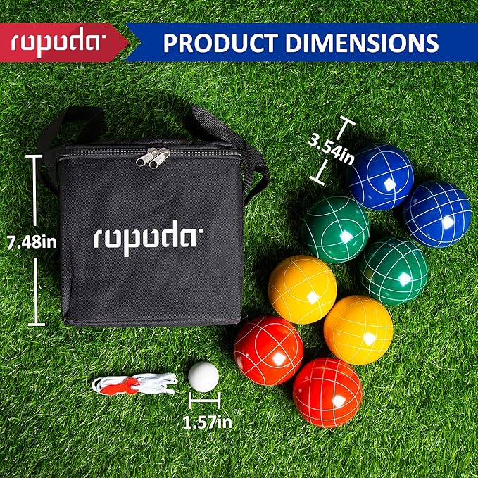 ropoda 90mm Bocce Ball Set with 8 Polyresin Balls, Pallino, Case and Measuring Rope for