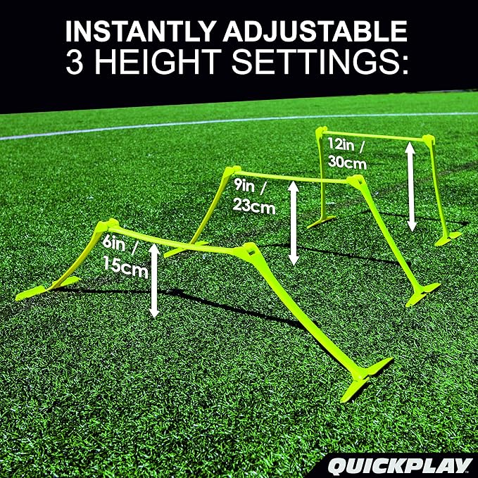 QUICKPLAY PRO Quick-Click Adjustable Speed Hurdles, Set of 6 | 3 Heights in One (6", 9", 12") |
