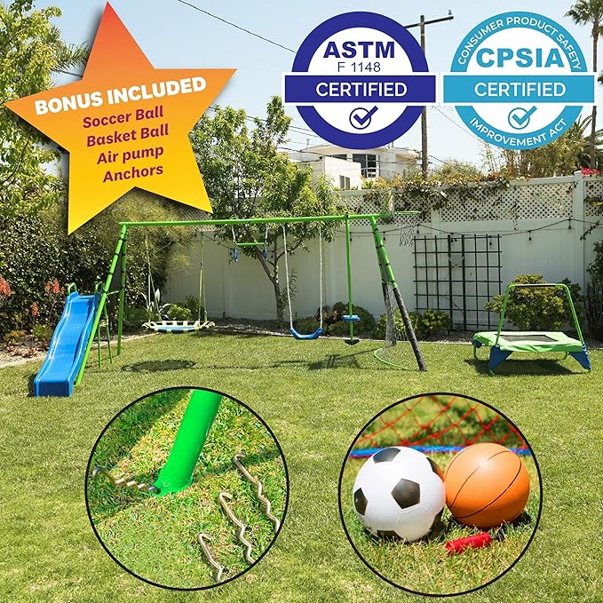 Sports Outdoor 8 Station Playground Set, Includes Swing Set, Slide, Monkey Bars, Basketball Hoop