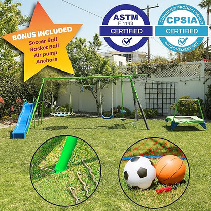 Sports Outdoor 8 Station Playground Set, Includes Swing Set, Slide, Monkey Bars, Basketball Hoop