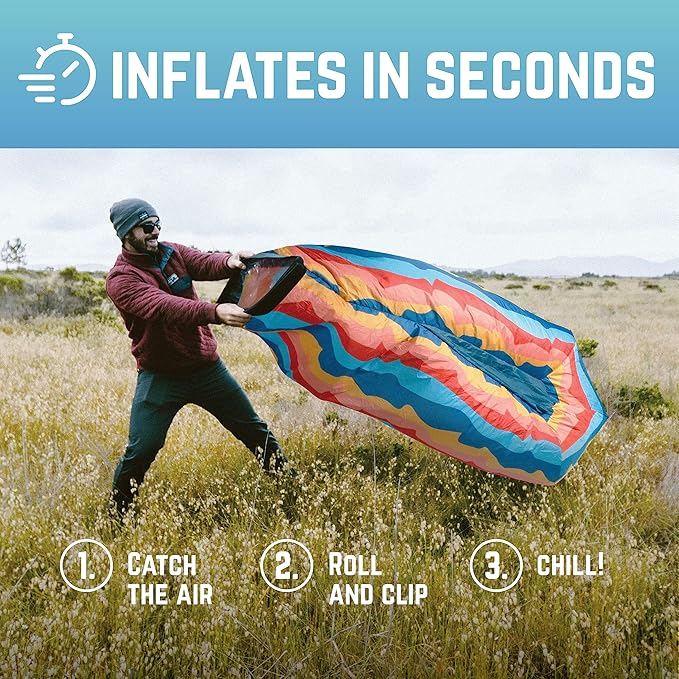 Chillbo Shwaggins Inflatable Couch – No-Pump Setup, Ripstop Polyester, Stability Pegs, Fun Prints